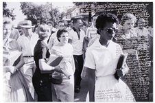 Elizabeth Eckford Handwritten Signed 20 x 16 Photo Essay From Her First Day of School as Part of the Little Rock Nine -- ...Someone yelled Get a rope. Drag her over to the tree!...