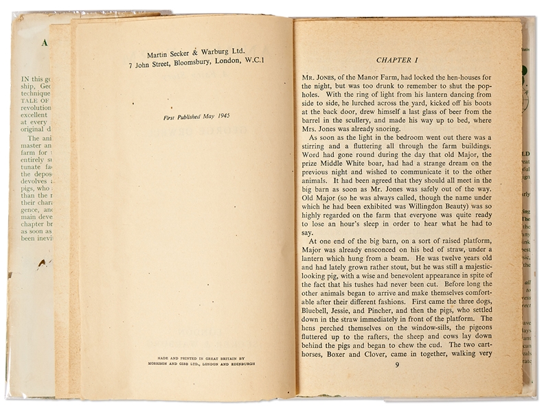 First Edition, First Printing of George Orwell's Classic Novel, ''Animal Farm'' in Original Dust Jacket