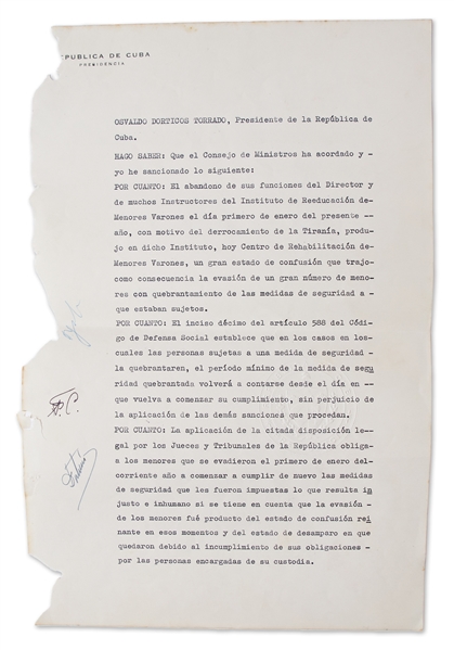 Fidel Castro Legal Document Signed as Prime Minister From 1959 -- Regarding the Chaos Immediately Following the January 1959 Revolution