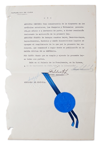 Fidel Castro Legal Document Signed as Prime Minister From 1959 -- Regarding the Chaos Immediately Following the January 1959 Revolution