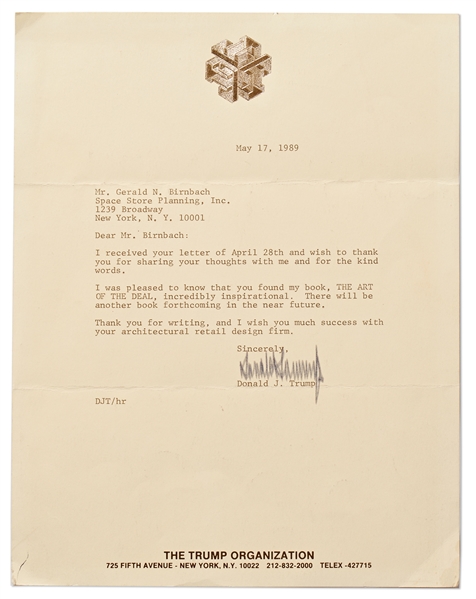 Donald Trump Letter Signed -- ''...I was pleased to know that you found my book, THE ART OF THE DEAL, incredibly inspirational...''
