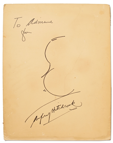 Alfred Hitchcock Signed Self-Portrait Sketch -- Measures 11'' x 14''