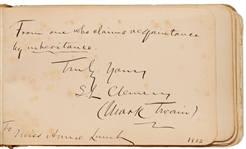 Mark Twain Autograph Quote Signed With Both His Pseudonym, Mark Twain and Also as S.L. Clemens -- ...claims acquaintance by inheritance...