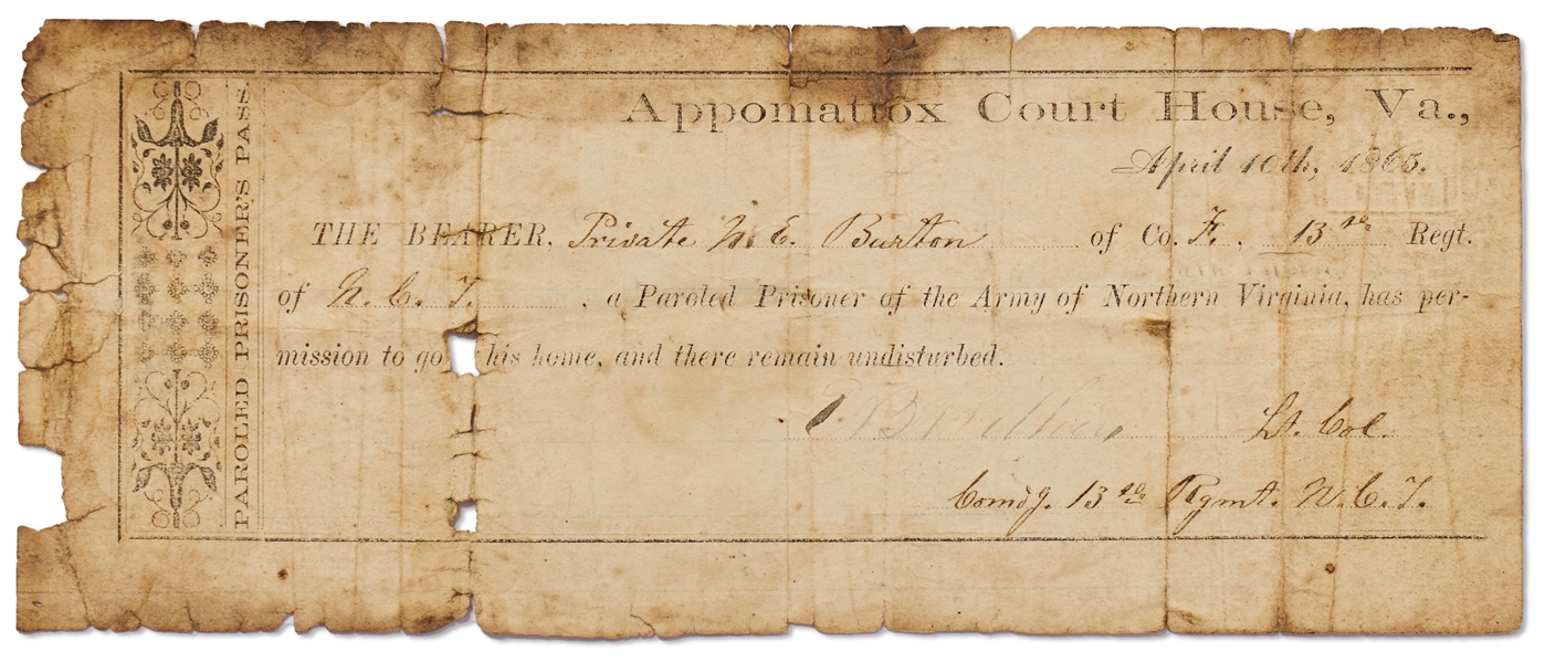 Rare Confederate Parole Document From Appomattox Court House, the Last Battle of the Civil War