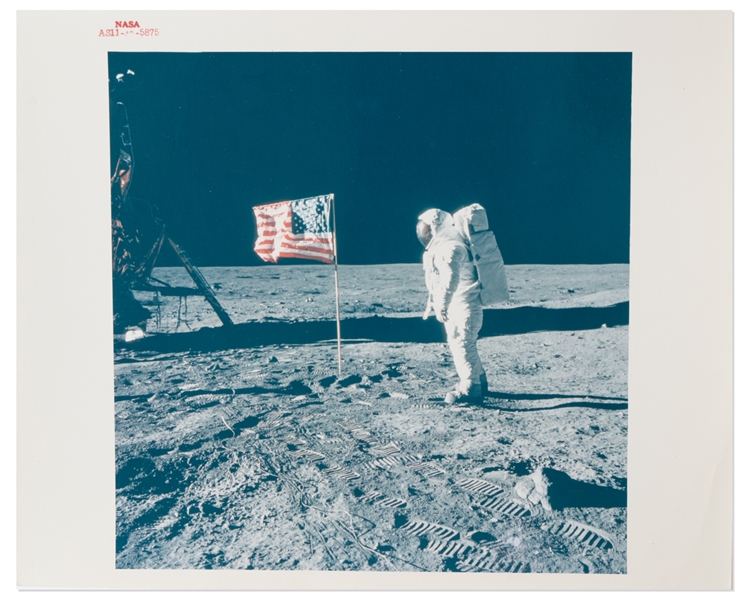Apollo 11 ''Red Number'' 10'' x 8'' Photo of Buzz Aldrin Standing on the Moon Next to the U.S. Flag -- Printed on ''A Kodak Paper''