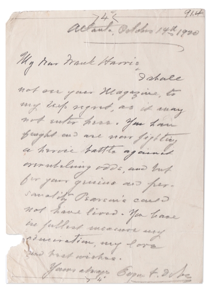 Eugene V. Debs Autograph Letter Signed While in Prison -- ''...You have fought and are now fighting a heroic battle...''