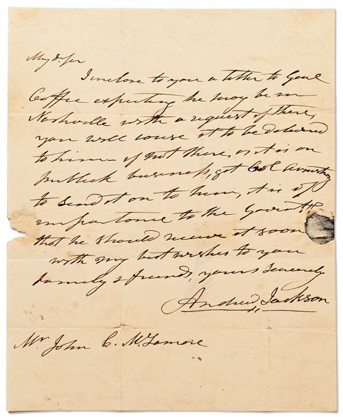 Andrew Jackson Autograph Letter Signed, Likely During the War of 1812 -- With a Large Bold Signature