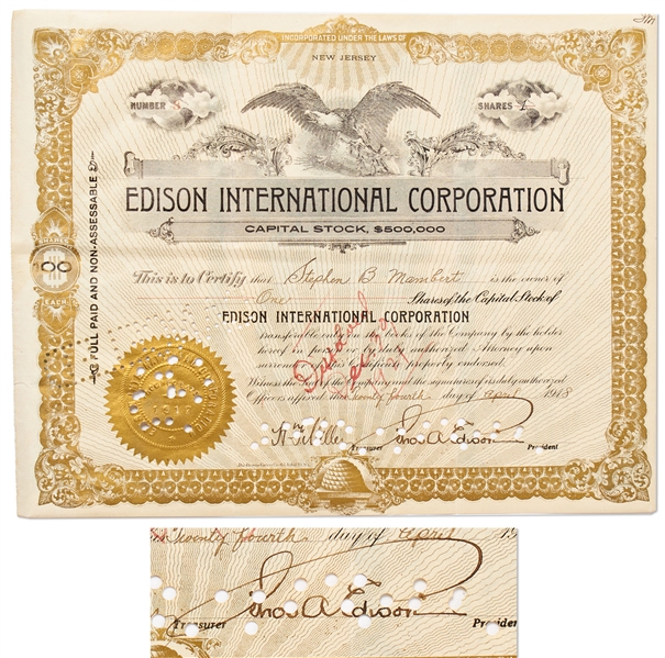 Thomas Edison Stock Signed for the Edison International Corporation