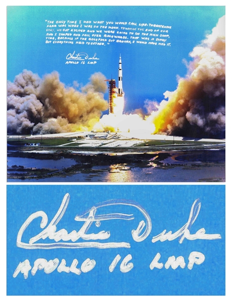 Charlie Duke Signed 20'' x 16'' Photo of the Apollo 16 Rocket Launch -- With a Handwritten Recollection About Nearly Losing His Life on the Moon: ''...I would have had it...''