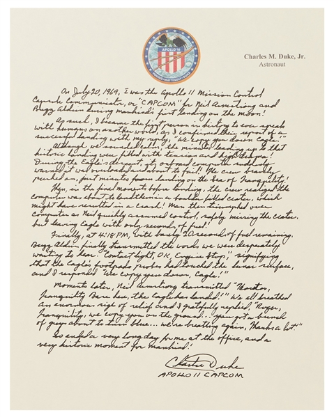 Charlie Duke Signed Handwritten Essay on Serving as Apollo 11 CAPCOM -- ''...Neil quickly assumed control, safely missing the crater, but leaving the Eagle with only seconds of fuel!...''
