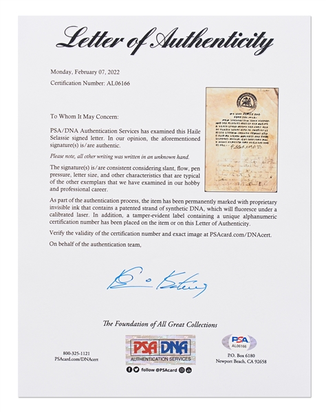 Haile Selassie Letter Signed as Emperor of Ethiopia -- With PSA/DNA COA