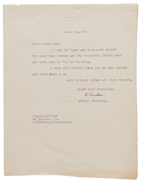 Albert Einstein Letter Signed Thanking a Friend for a Birthday Gift
