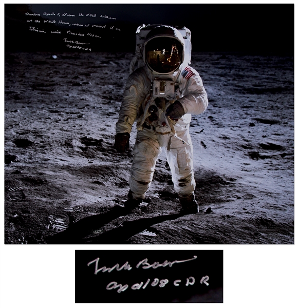 Frank Borman Signed 20'' x 16'' Apollo 11 ''Visor'' Photo -- Borman Writes that He Watched the Apollo 11 Moon Landing with Nixon