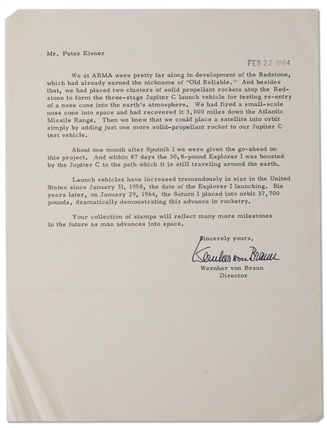 Wernher von Braun Letter Signed from 1964 Describing the Launching of Explorer 1 -- ''...the birth of the Space Age...'' -- With PSA/DNA COA