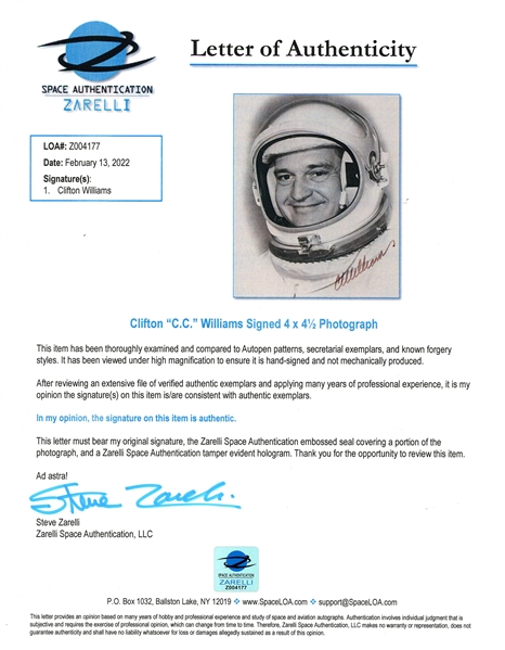 Clifton Williams Signed Portrait -- Part of Astronaut Group 3, Williams Died in 1967 Before Traveling to Space -- With Steve Zarelli COA