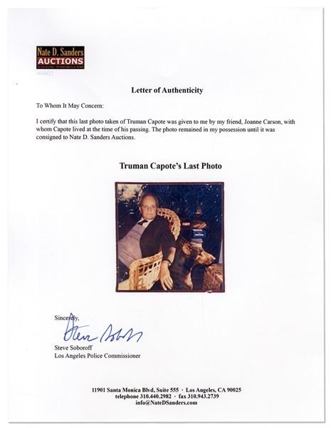 Last Photo of Truman Capote -- With Handwritten Note by Joanne Carson on Verso