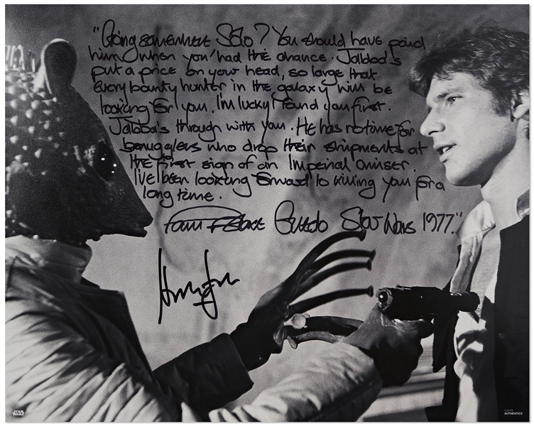Harrison Ford & Paul Blake Signed 20'' x 16'' Photo From ''Star Wars'' -- One of the Most Memorable Scenes From the Film, With Blake Writing His Famous Monologue