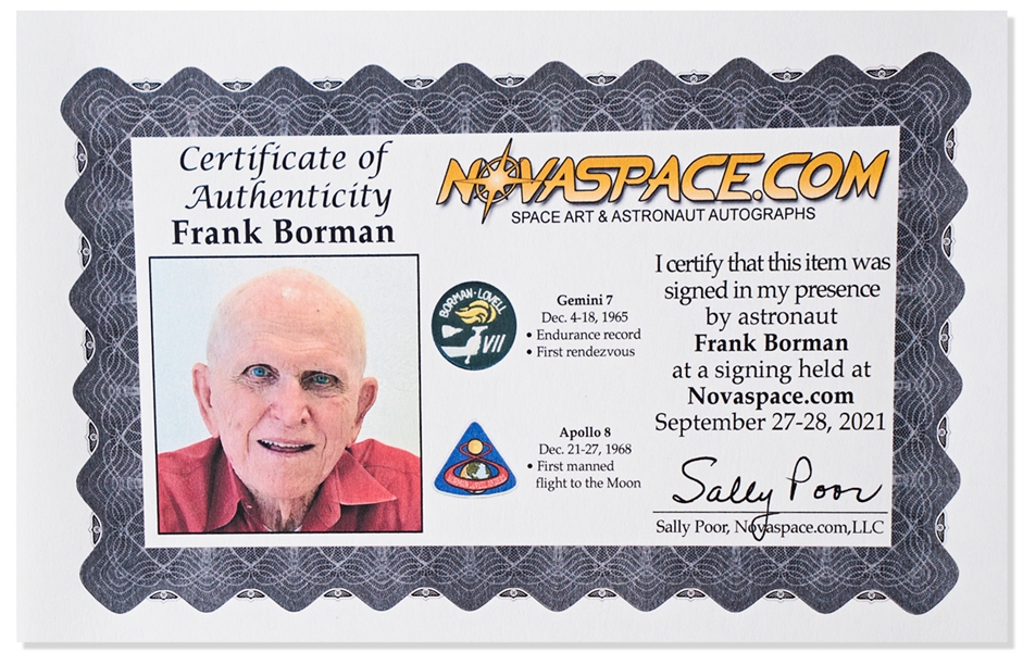 Frank Borman Signed 20'' x 16'' Apollo 11 ''Visor'' Photo -- Borman Writes that He Watched the Apollo 11 Moon Landing with Nixon