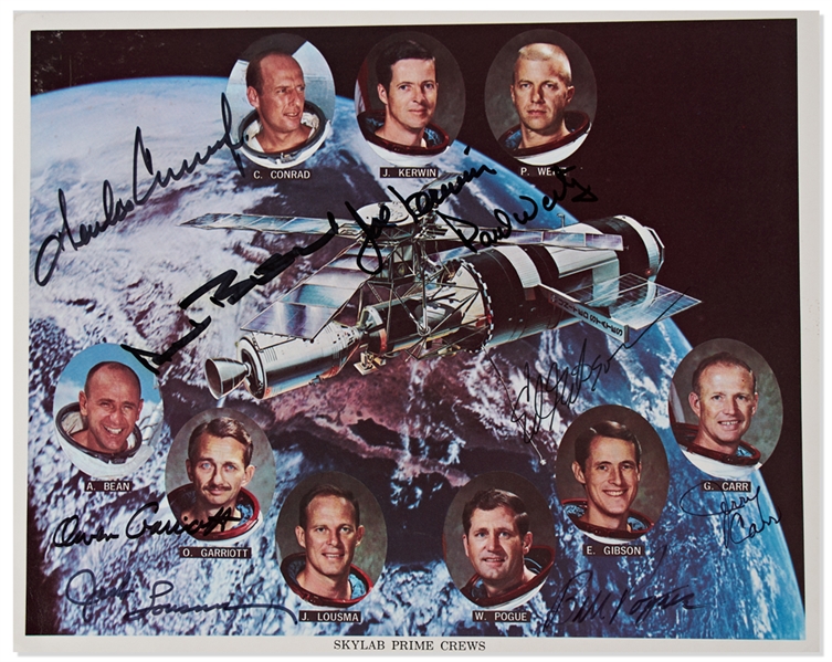 Skylab Crew-Signed 10'' x 8'' Lithograph -- Signed by All Astronauts on Each Three Missions