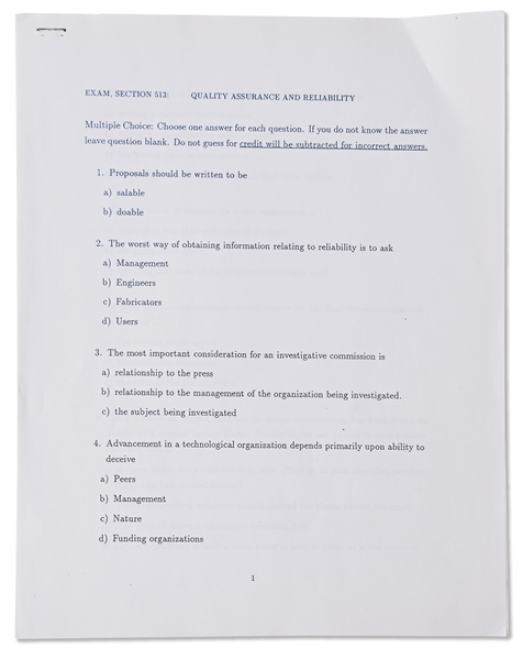 Document Owned by Richard Feynman Regarding the Challenger Disaster -- Feynman Issues a Mock Exam, Perhaps Intended for His Fellow Commissioners, Entitled ''Quality Assurance and Reliability''