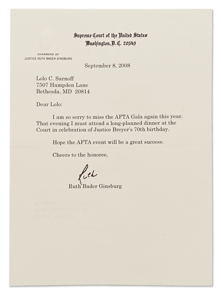 Ruth Bader Ginsburg Letter Signed on Supreme Court Stationery -- Referencing a Birthday Party for Justice Stephen Breyer