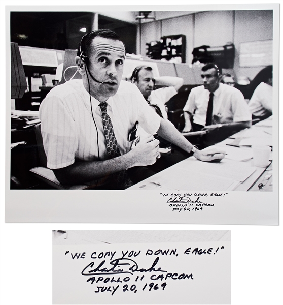 Charlie Duke Signed 20'' x 16'' Photo of the Apollo 11 Mission Control -- Duke, the CAPCOM for Apollo 11, Writes ''WE COPY YOU DOWN EAGLE!''