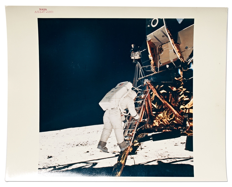Apollo 11 Red Number Photo of Buzz Aldrin Descending the Ladder Onto the Lunar Surface -- Printed on ''A Kodak Paper''