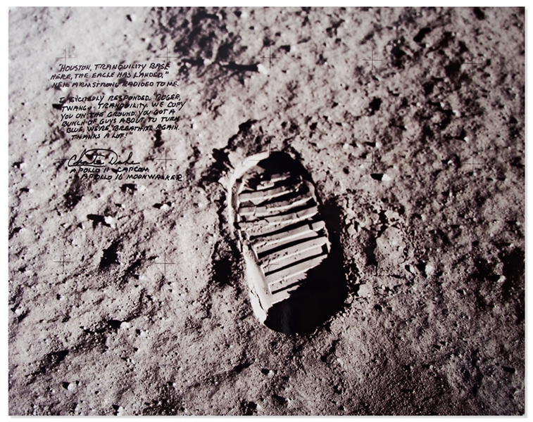 Charlie Duke Signed 20'' x 16'' Photo of the Famous Apollo 11 ''Footprint'' -- Duke Served as Apollo 11 CAPCOM and Describes the Moment When the Eagle Touched Down on the Moon