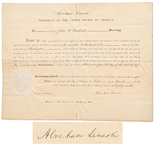 Abraham Lincoln Document Signed as President, With Full ''Abraham Lincoln'' Signature -- Lincoln Appoints a Justice of the Peace