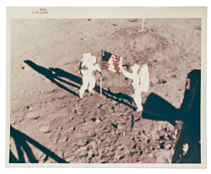 Red Number NASA Photo of Neil Armstrong and Buzz Aldrin Planting the U.S. Flag on the Moon -- On ''A Kodak Paper''