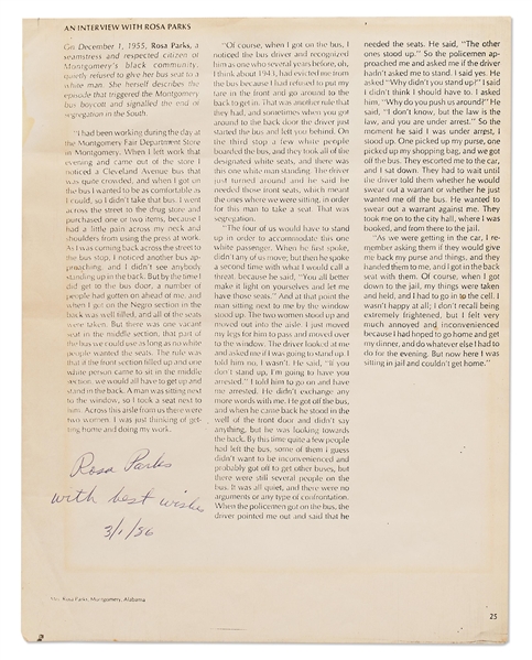 Rosa Parks Signed Interview Where She Describes the Day She Ignited the Civil Rights Movement