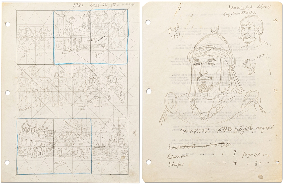 Original Hal Foster ''Prince Valiant'' Lot of Preliminary Artwork and Story Outlines -- #1781 for the 28 March 1971 Comic Strip