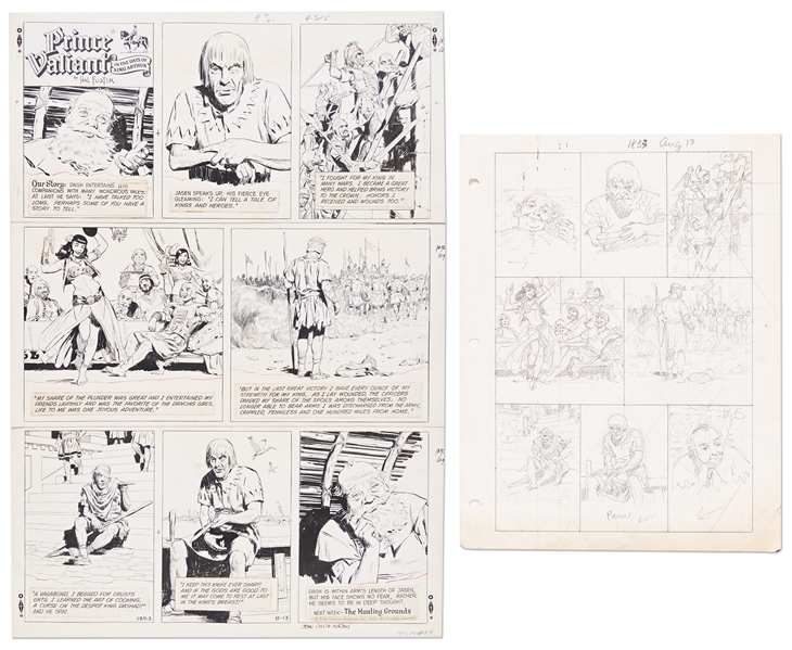 Lot of John Cullen Murphy ''Prince Valiant'' Sunday Comic Strip Artwork Plus Hal Foster Preliminary Sketch -- #1853 for Both Strip & Sketch, Dated 13 August 1972