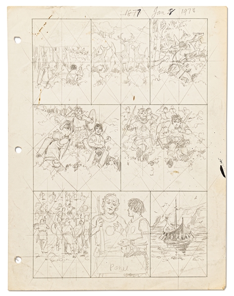 Original Hal Foster ''Prince Valiant'' Preliminary Artwork and Story Outlines -- #1877 for the 28 January 1973 Comic Strip