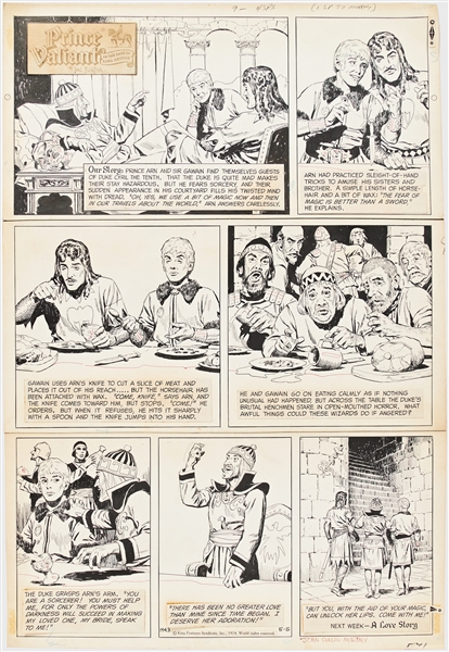 Lot of John Cullen Murphy ''Prince Valiant'' Sunday Comic Strip Artwork Plus Hal Foster Preliminary Sketch -- #1943 for Both Strip & Sketch, Dated 5 May 1974