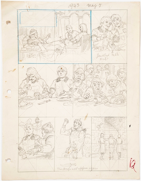 Lot of John Cullen Murphy ''Prince Valiant'' Sunday Comic Strip Artwork Plus Hal Foster Preliminary Sketch -- #1943 for Both Strip & Sketch, Dated 5 May 1974