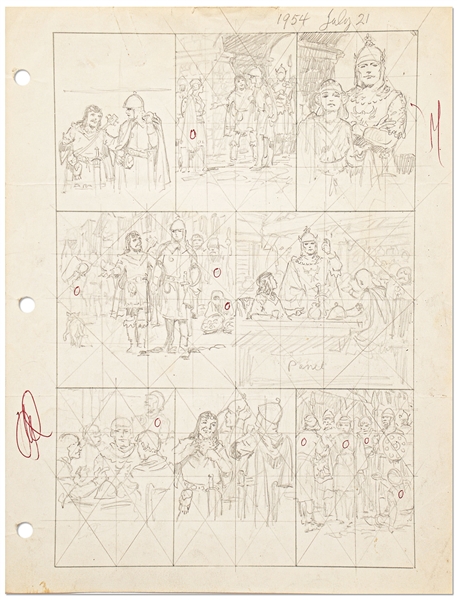 Original Hal Foster ''Prince Valiant'' Preliminary Artwork and Story Outlines -- #1954 for the 21 July 1974 Comic Strip