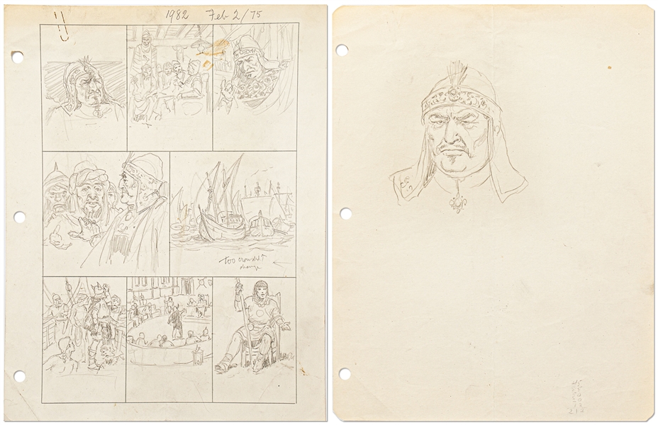 Original Hal Foster ''Prince Valiant'' Lot of Preliminary Artwork and Story Outlines -- #1982 for the 2 February 1975 Comic Strip
