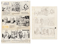 Lot of John Cullen Murphy Prince Valiant Sunday Comic Strip Artwork Plus Hal Foster Preliminary Sketches -- #2057 for Both Strip & Sketch, Dated 11 July 1976