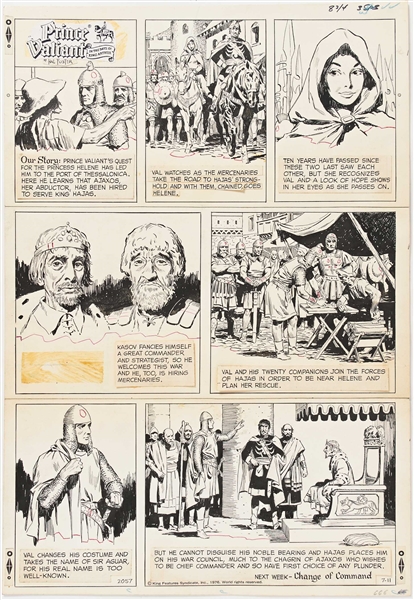 Lot of John Cullen Murphy ''Prince Valiant'' Sunday Comic Strip Artwork Plus Hal Foster Preliminary Sketches -- #2057 for Both Strip & Sketch, Dated 11 July 1976