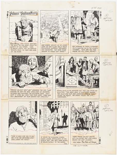 Lot of John Cullen Murphy ''Prince Valiant'' Sunday Comic Strip Artwork Plus Hal Foster Preliminary Sketch -- #2066 for Both Strip & Sketch, Dated 12 September 1976