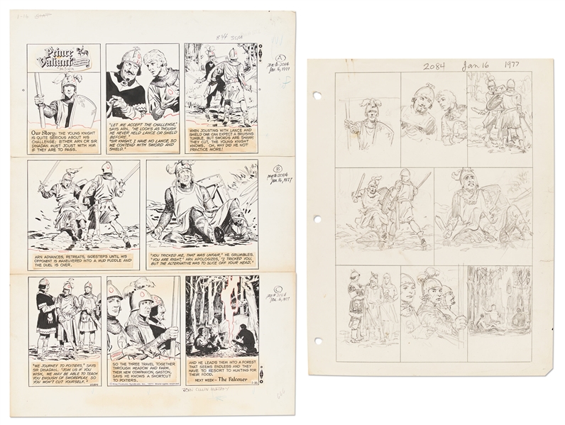 Lot of John Cullen Murphy ''Prince Valiant'' Sunday Comic Strip Artwork Plus Hal Foster Preliminary Sketch -- #2084 for Both Strip & Sketch, Dated 16 January 1977