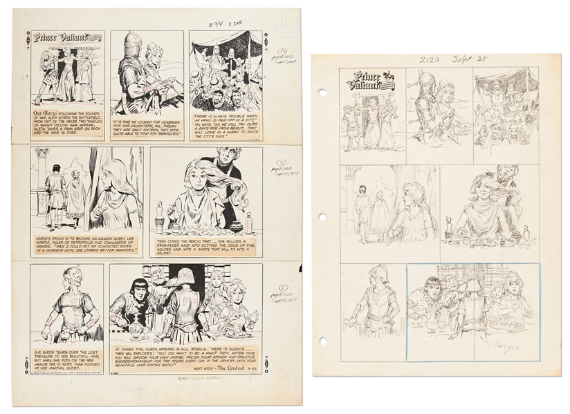 Lot of John Cullen Murphy ''Prince Valiant'' Sunday Comic Strip Artwork Plus Hal Foster Preliminary Sketch -- #2120 for Both Strip & Sketch, Dated 25 September 1977