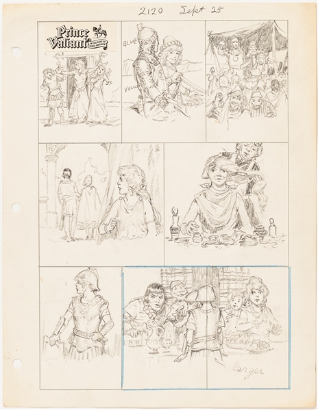Lot of John Cullen Murphy ''Prince Valiant'' Sunday Comic Strip Artwork Plus Hal Foster Preliminary Sketch -- #2120 for Both Strip & Sketch, Dated 25 September 1977
