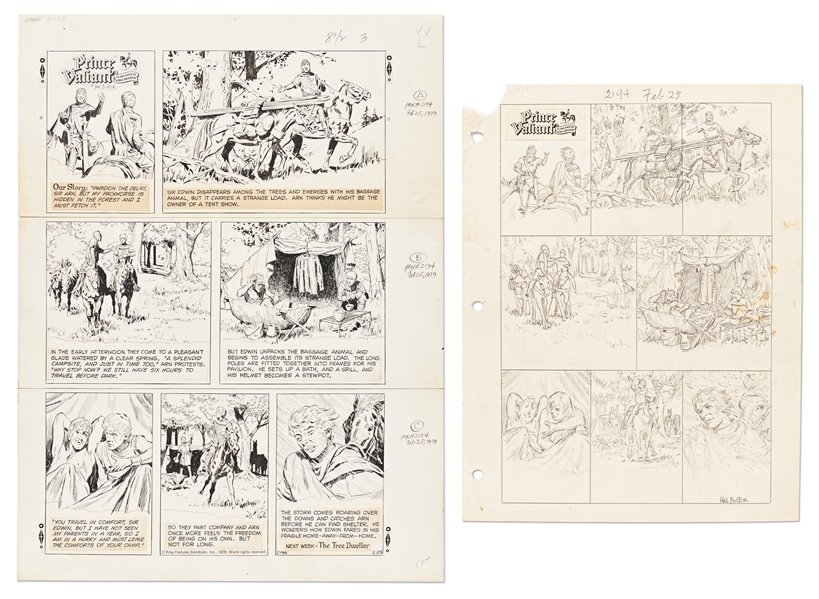 Lot of John Cullen Murphy ''Prince Valiant'' Sunday Comic Strip Artwork Plus Hal Foster Preliminary Sketch -- #2194 for Both Strip & Sketch, Dated 25 February 1979