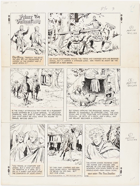 Lot of John Cullen Murphy ''Prince Valiant'' Sunday Comic Strip Artwork Plus Hal Foster Preliminary Sketch -- #2194 for Both Strip & Sketch, Dated 25 February 1979