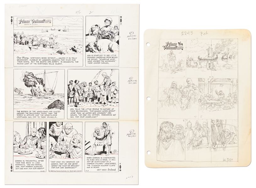 Lot of John Cullen Murphy ''Prince Valiant'' Sunday Comic Strip Artwork Plus Hal Foster Signed Preliminary Sketch -- #2243 for Both Strip & Sketch, Dated 3 February 1980