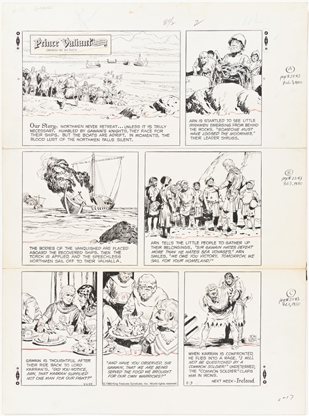 Lot of John Cullen Murphy ''Prince Valiant'' Sunday Comic Strip Artwork Plus Hal Foster Signed Preliminary Sketch -- #2243 for Both Strip & Sketch, Dated 3 February 1980