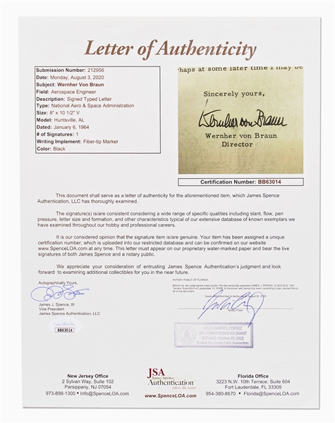 Werner von Braun Letter Signed from 1964 -- ''...I am very busy helping put a man on the moon...'' -- With JSA COA