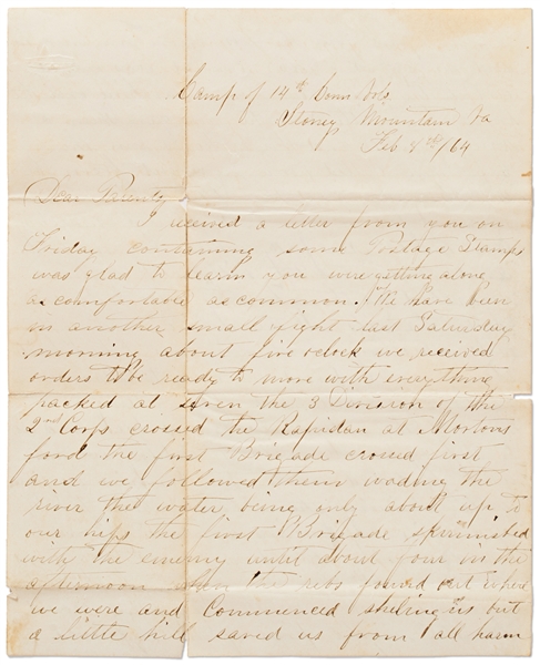 Lot of 5 Civil War Letters & CDV of 14th Connecticut Infantryman -- With Detailed, Lengthy Letter on Battle of Morton's Ford: ''...The regt lost in killed wounded & missing about 1/2 their number...''